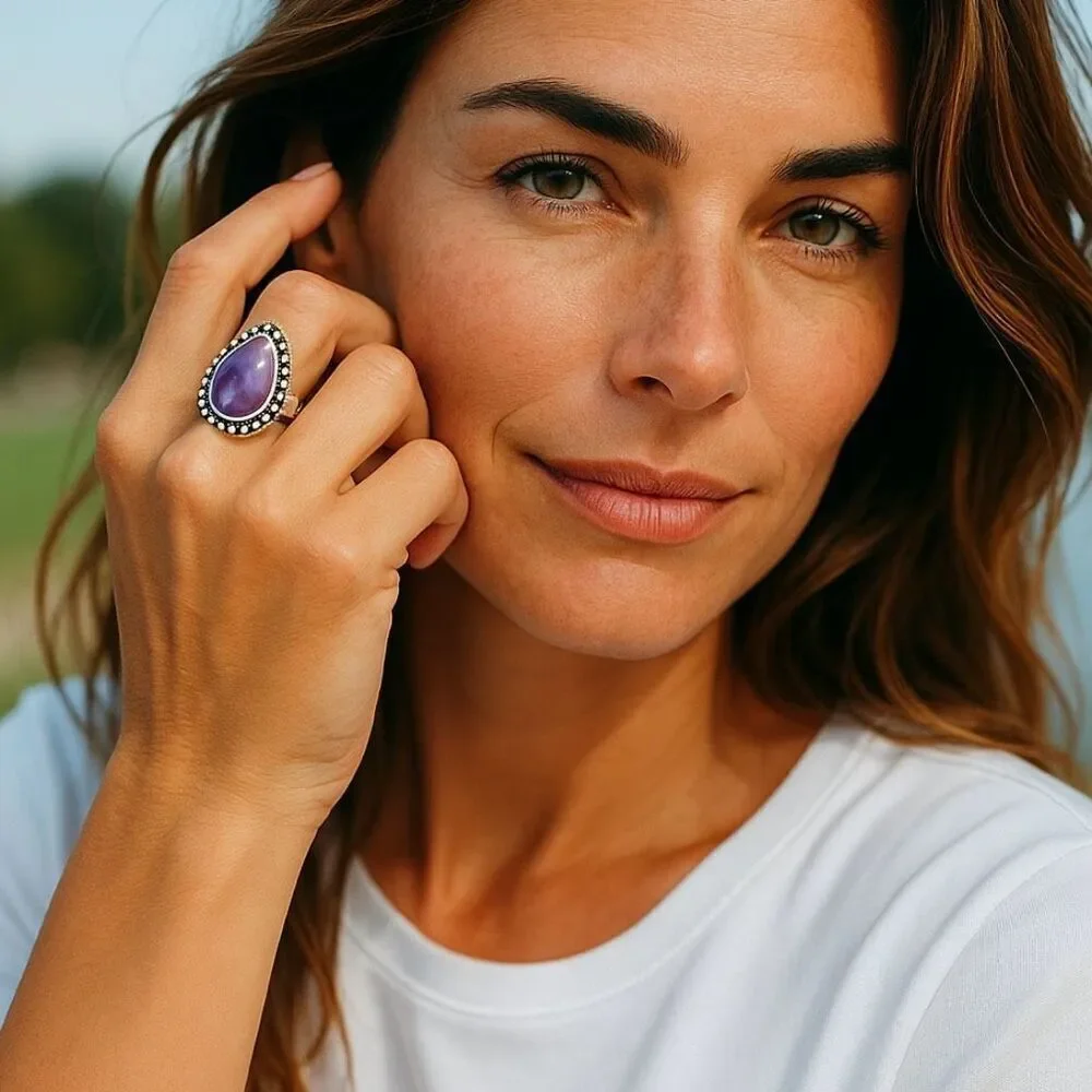 Natural Amethyst Teardrop Cabochon Solitaire Sterling Silver Statement Ring Sz 6